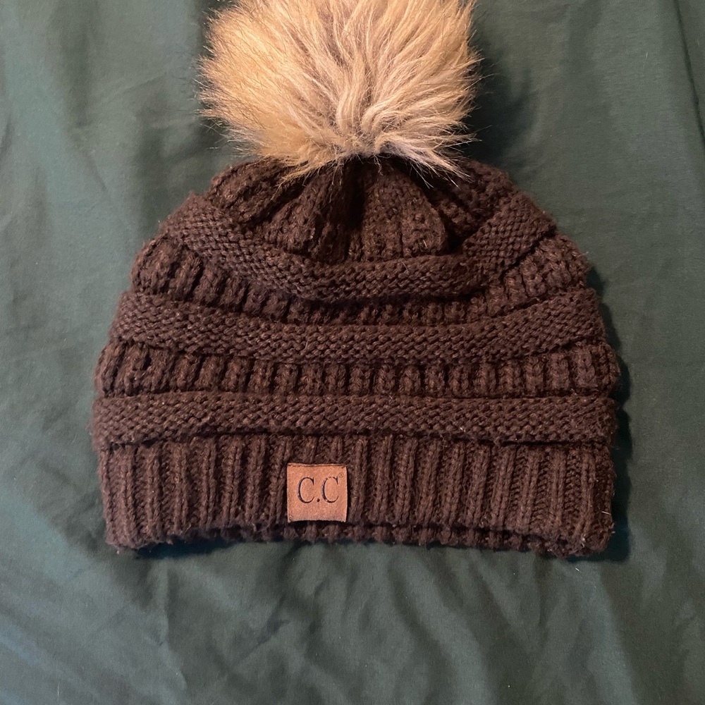 C.C Dark Brown Knit Beanie with Pom